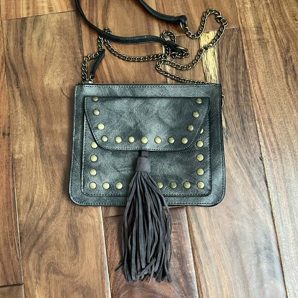 Crossbody Antique Brass Metal & Faux Leather Purse with Fringed Suede Tassel